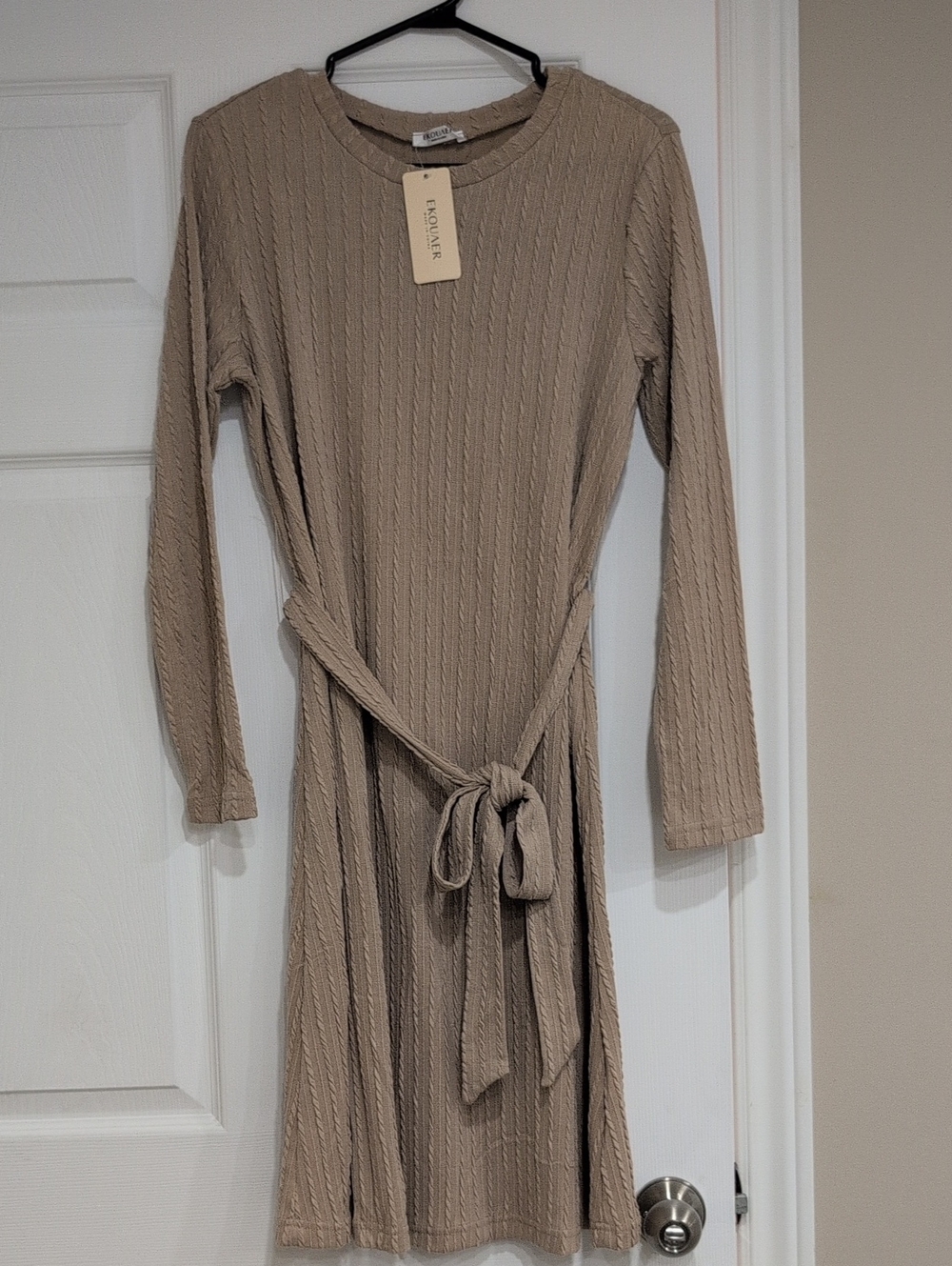 EKOUAER Maternity Beige Cable Knit Tie-Waist Crewneck Dress